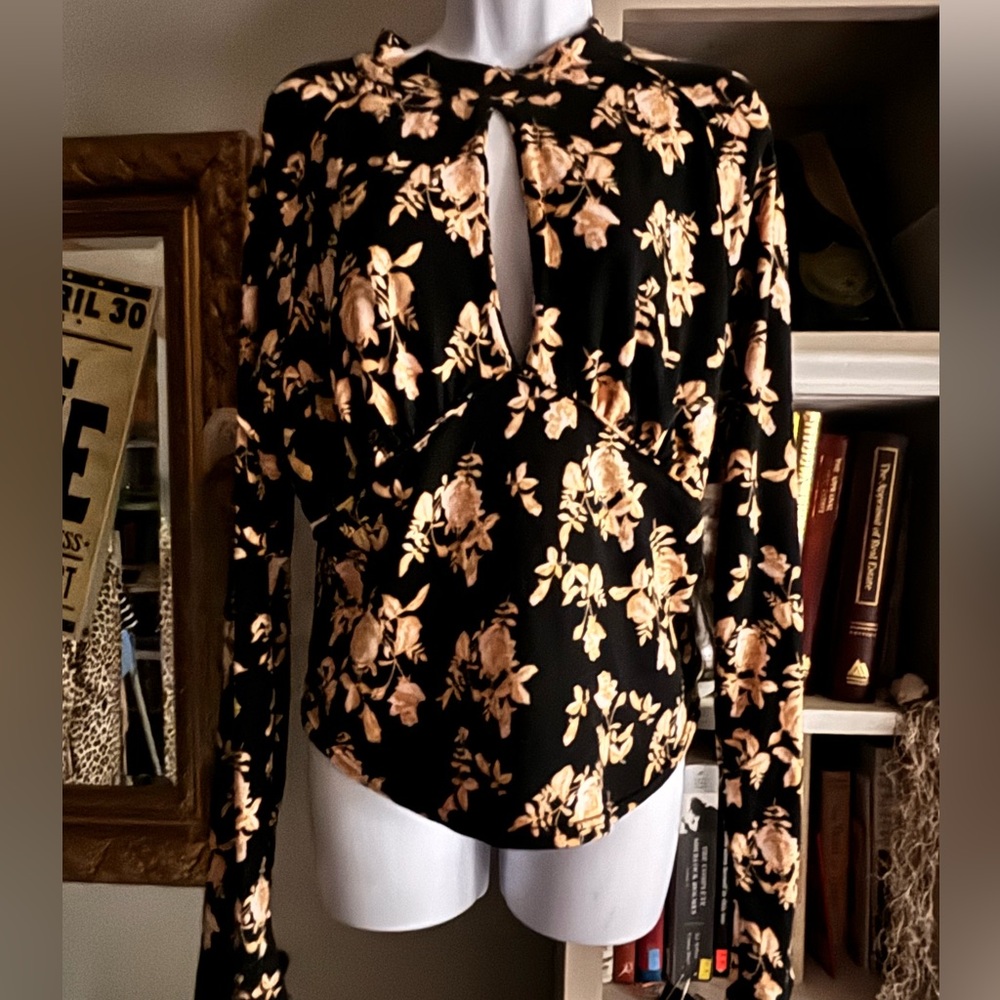 Free People Dinner Party Keyhole Black Multi Long Sleeve Top XL NWT